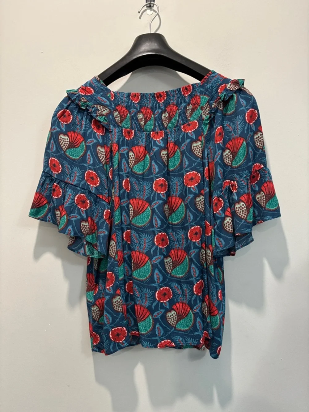 Anthro Maeve Letitia Smocked Floral Blouse Blue Ruffle Top Size Small - Picture 9 of 15